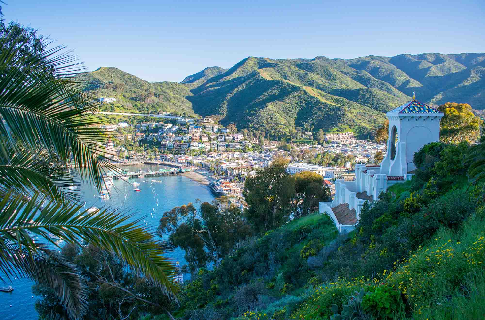 Aerial coastal view of Avalon harbor on Catalina Island.