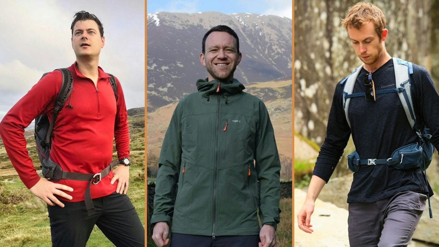 Portrait of gear testers Matt Jones, James Forrest, and Chris Williams in outdoor gear