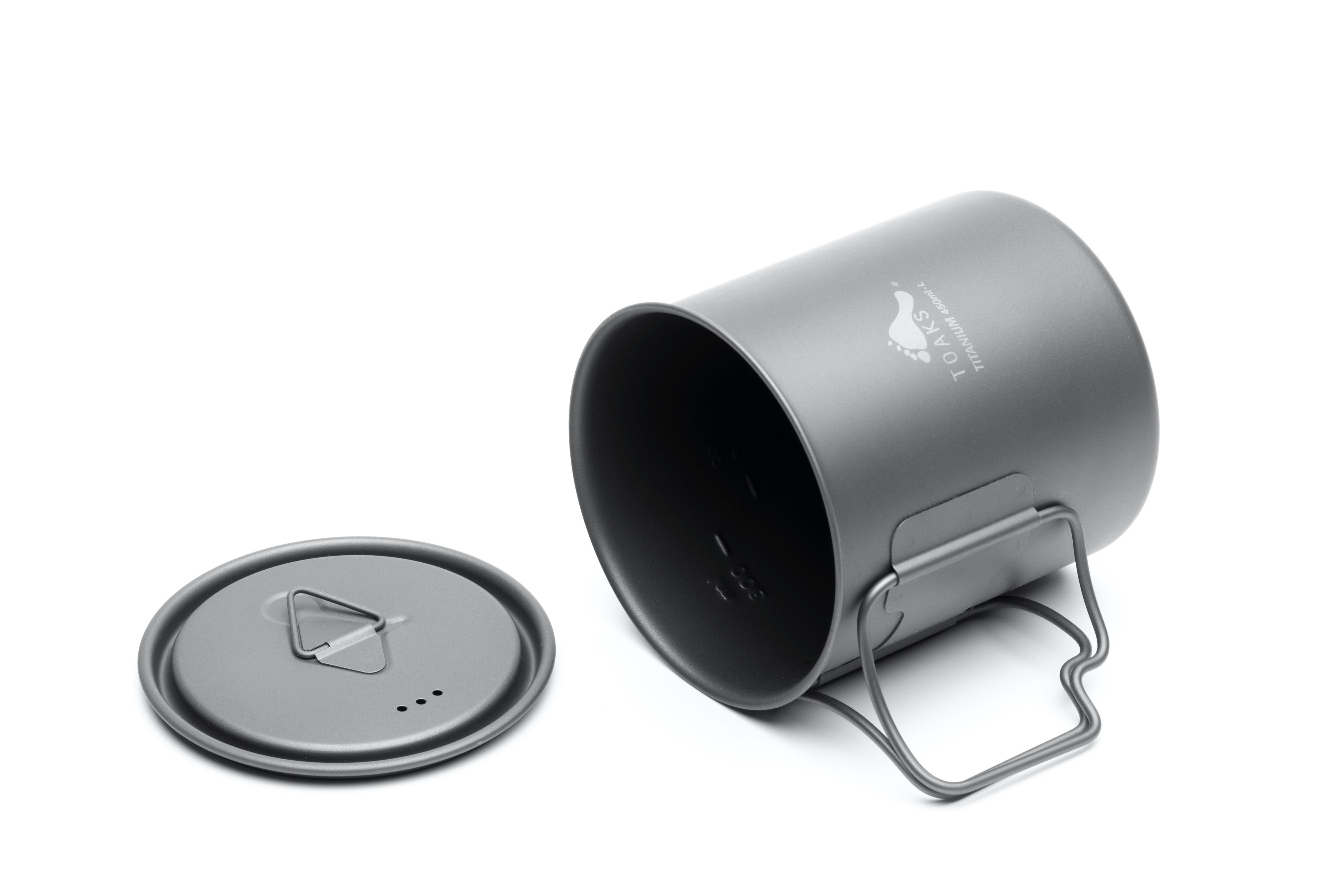 An ultralight titanium camping cup with a lid and folding handles.