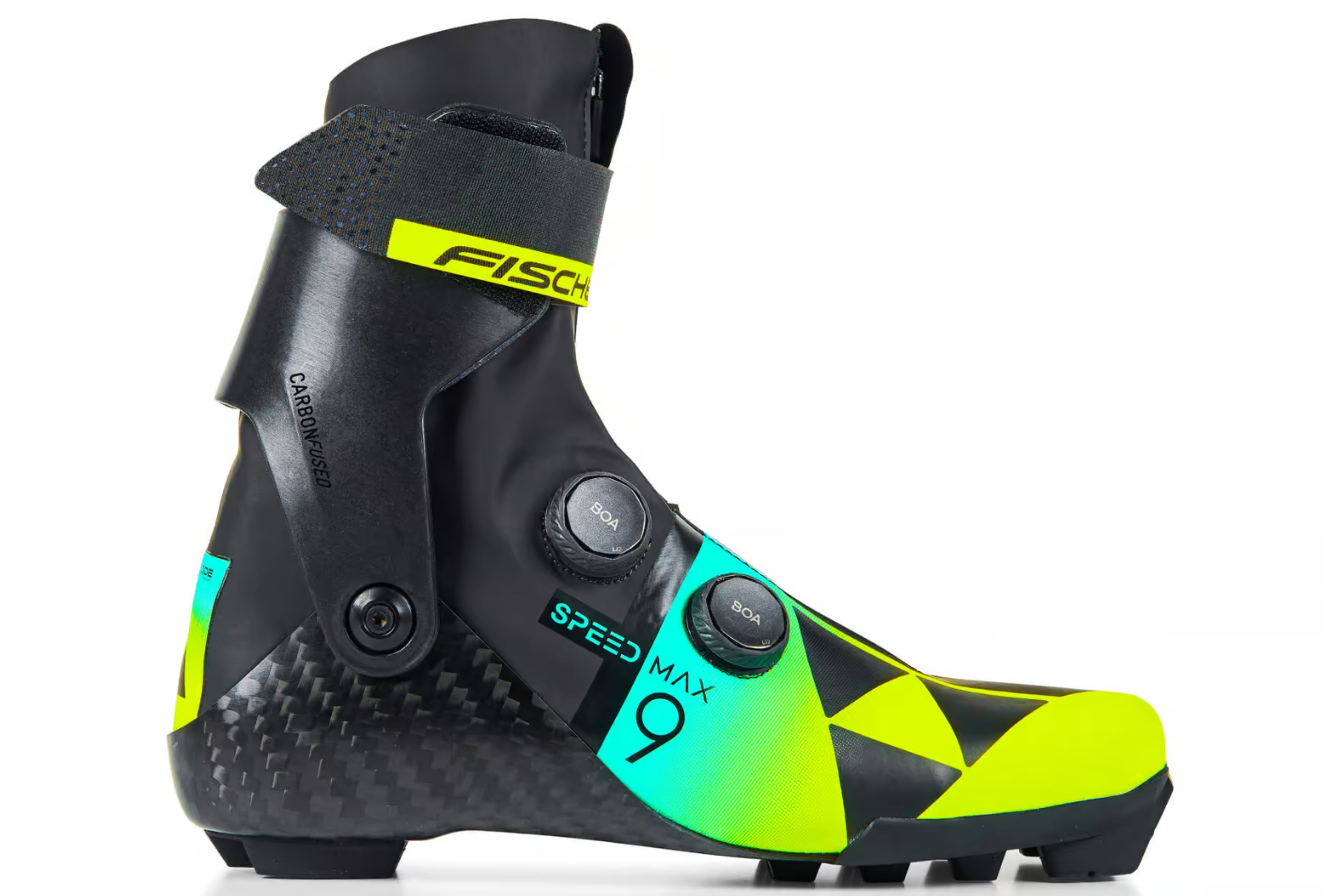 Close-up of a Fischer Speedmax Nordic ski boot highlighting the dual BOA dials on the side and forefoot.