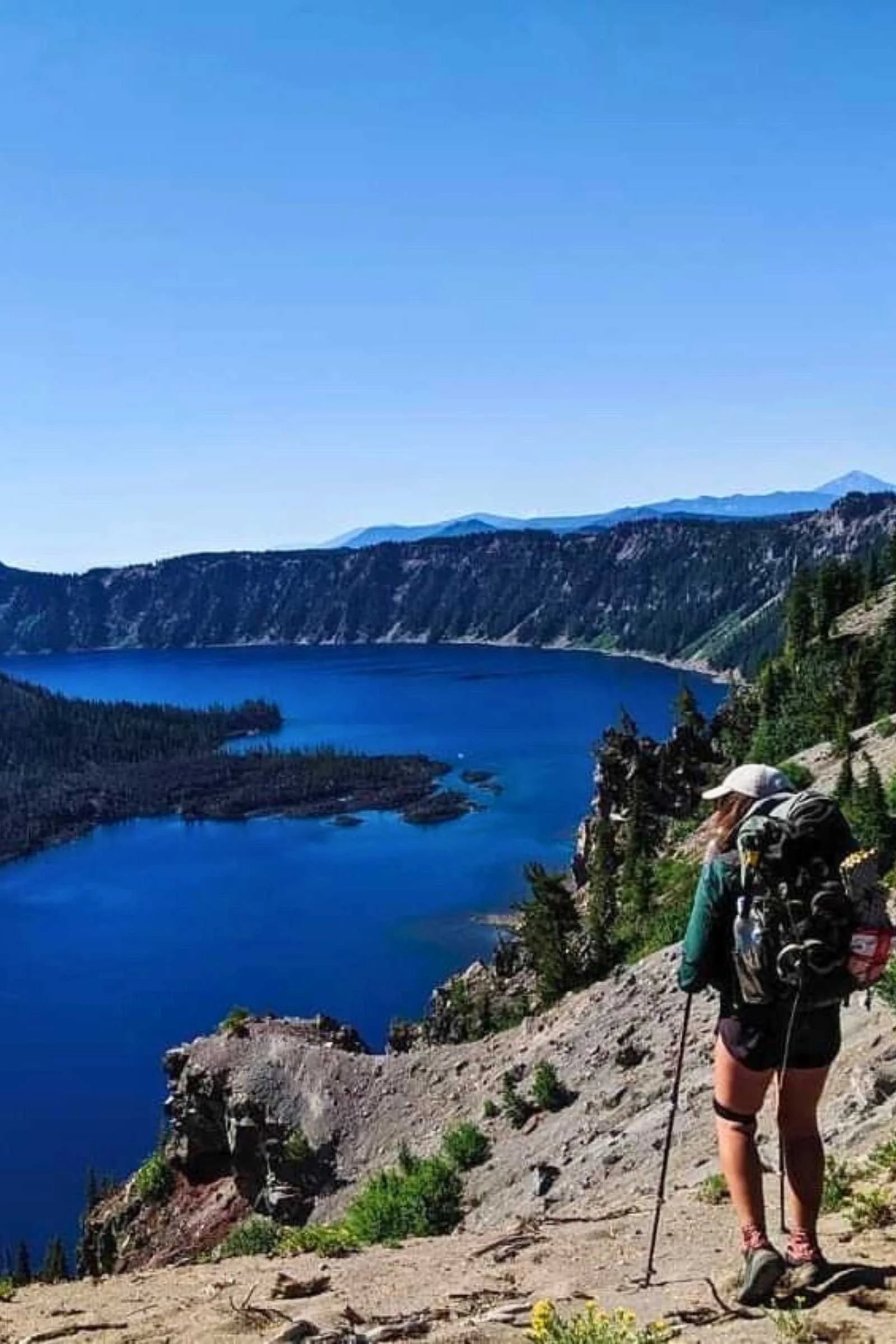 Hiker Katie Karp at Crater Lake National Park wearing Baleaf shorts.