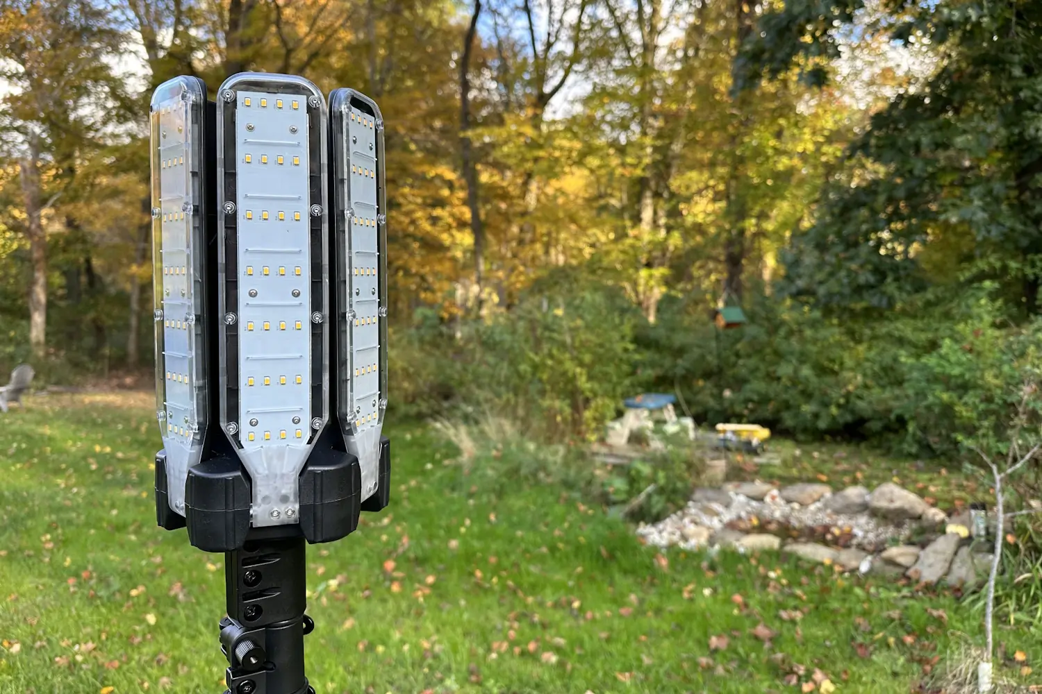The Goal Zero Skylight area light with its adjustable LED petals extended for maximum coverage.