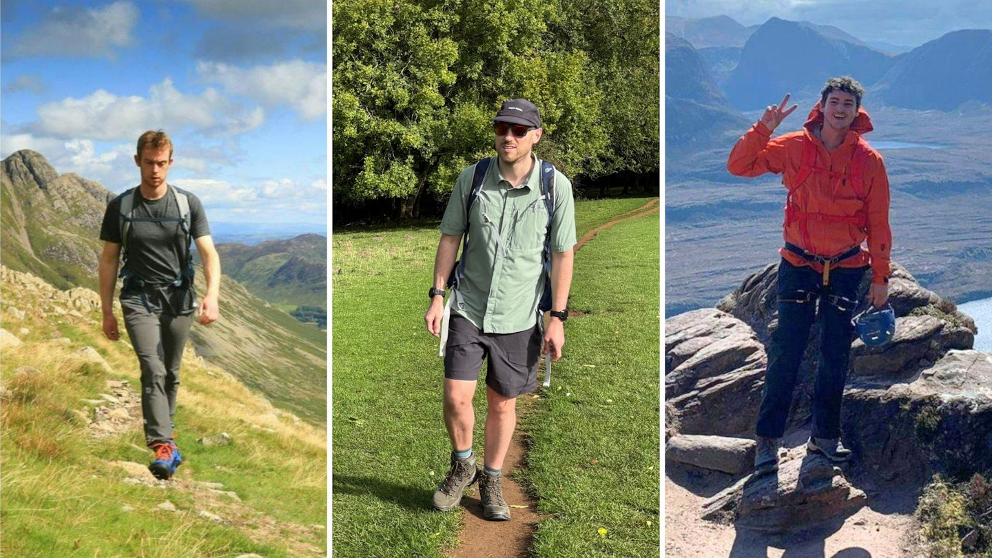 Three gear testers standing together in outdoor hiking apparel.