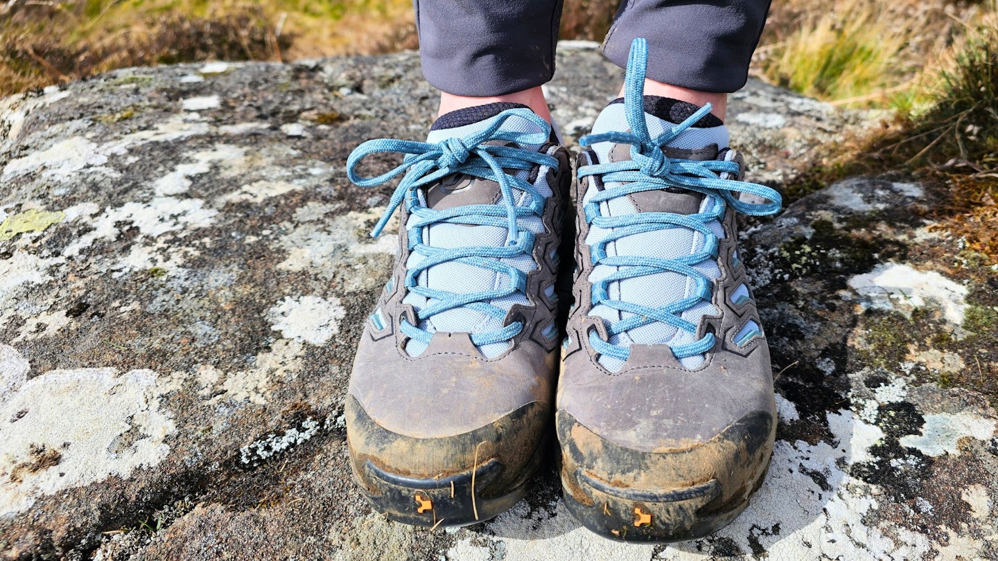 Overhead view of a hiking shoe showing the wide toe box and lacing system
