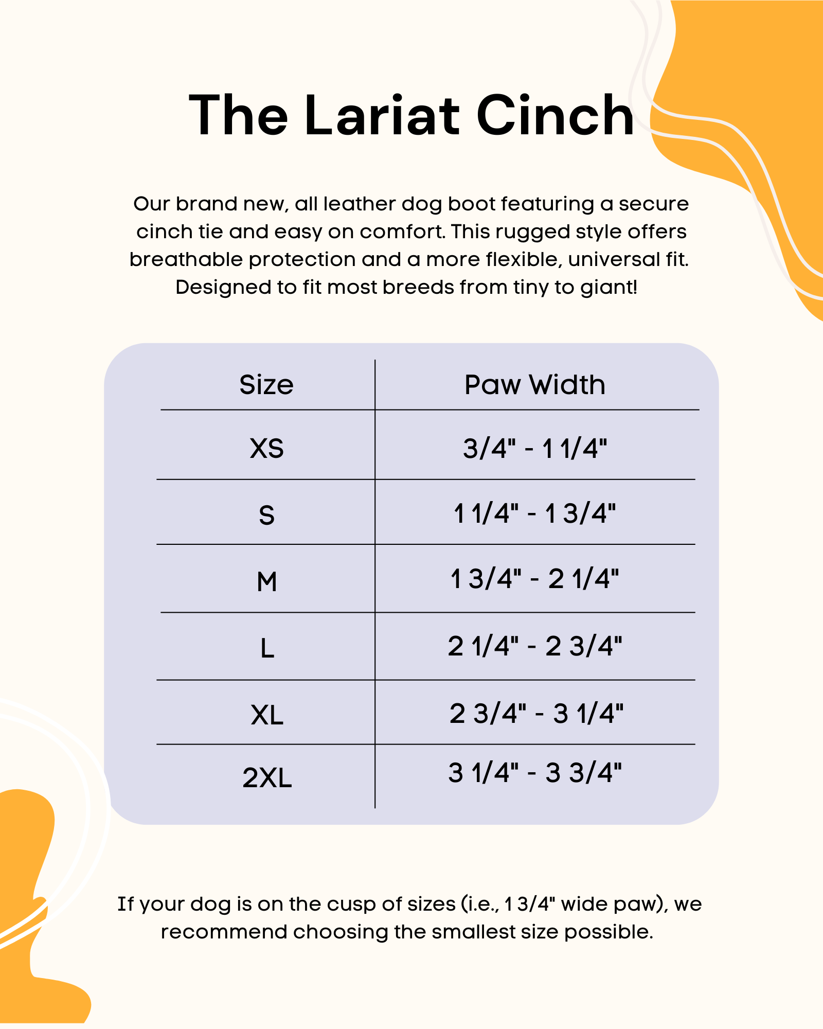 A dog boot size chart showing paw width measurements and sizing categories.