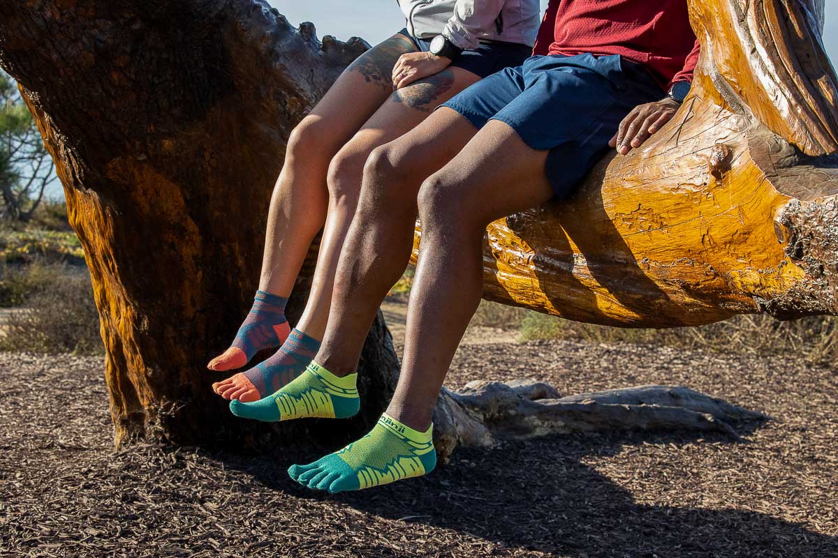 Close-up of a runner wearing Injinji toe socks.