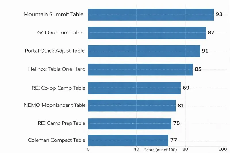 A professional performance chart displaying scores for weight, packability, and durability for various camping tables.