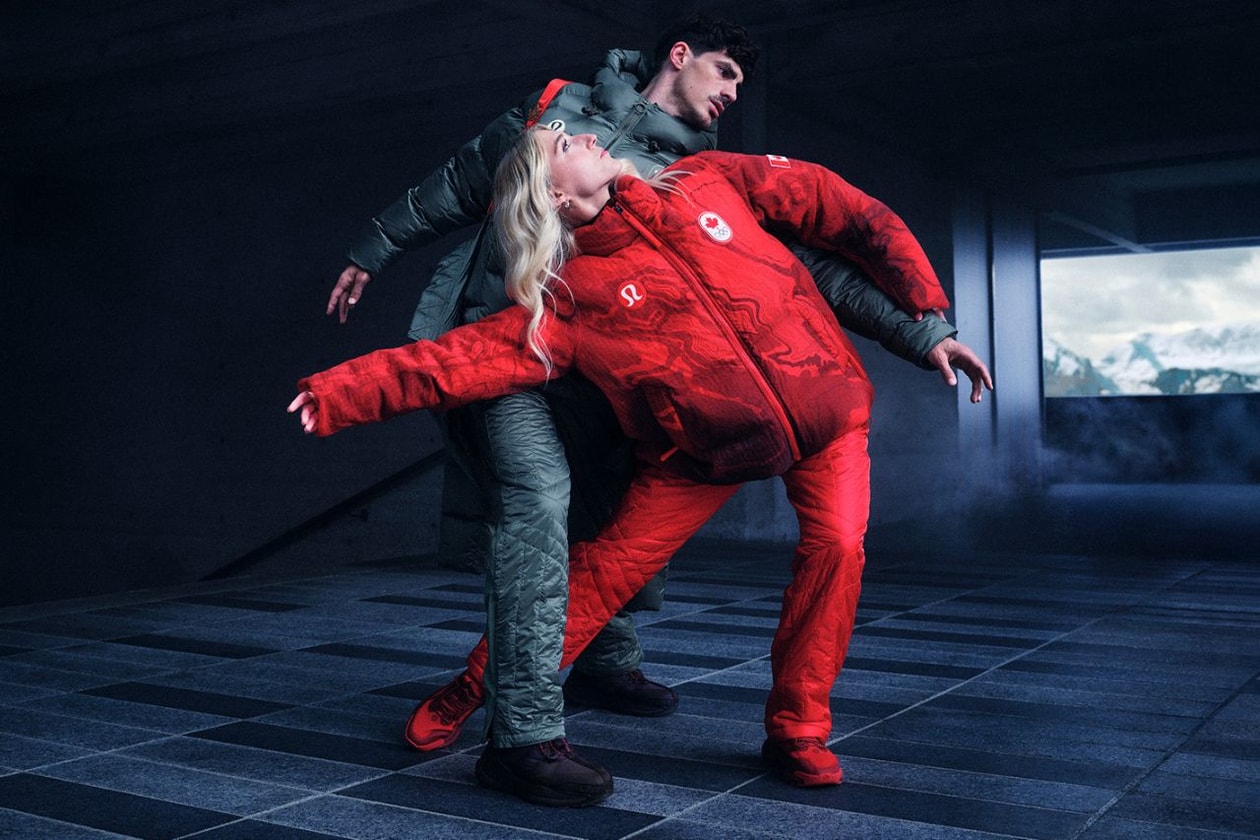 Team Canada's 2026 Winter Olympics kit featuring red topographical maple leaf patterns.