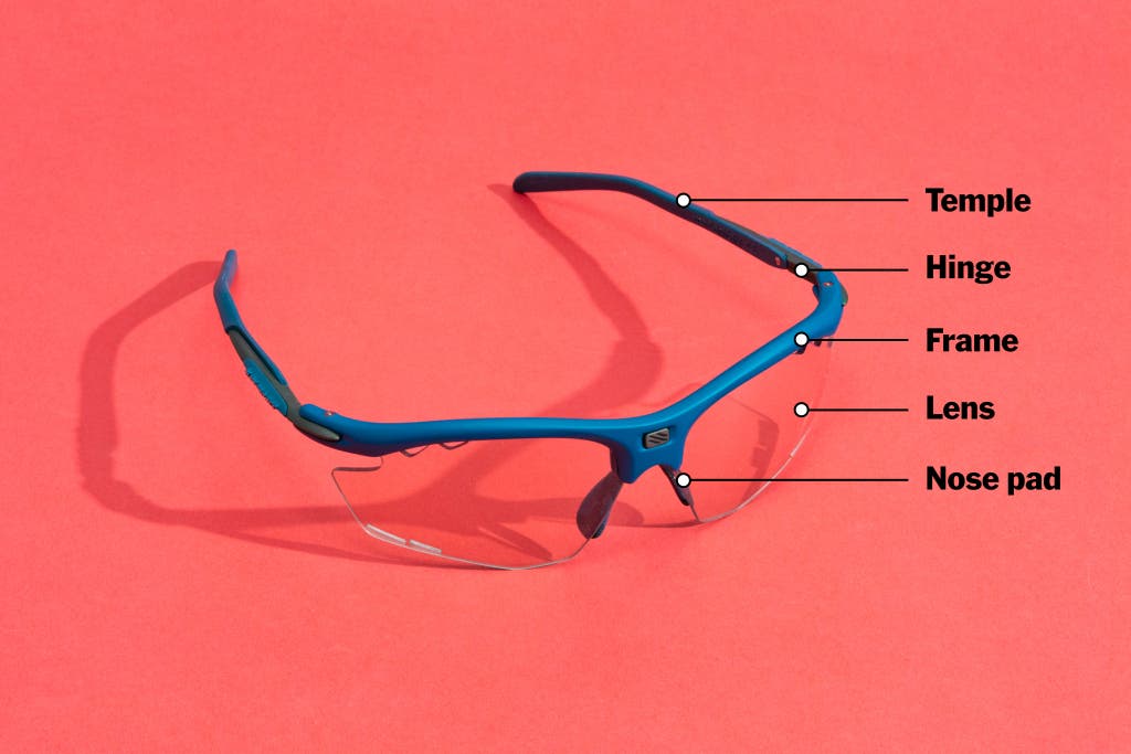 Anatomy diagram of sports sunglasses highlighting lenses, frames, and nose pads.