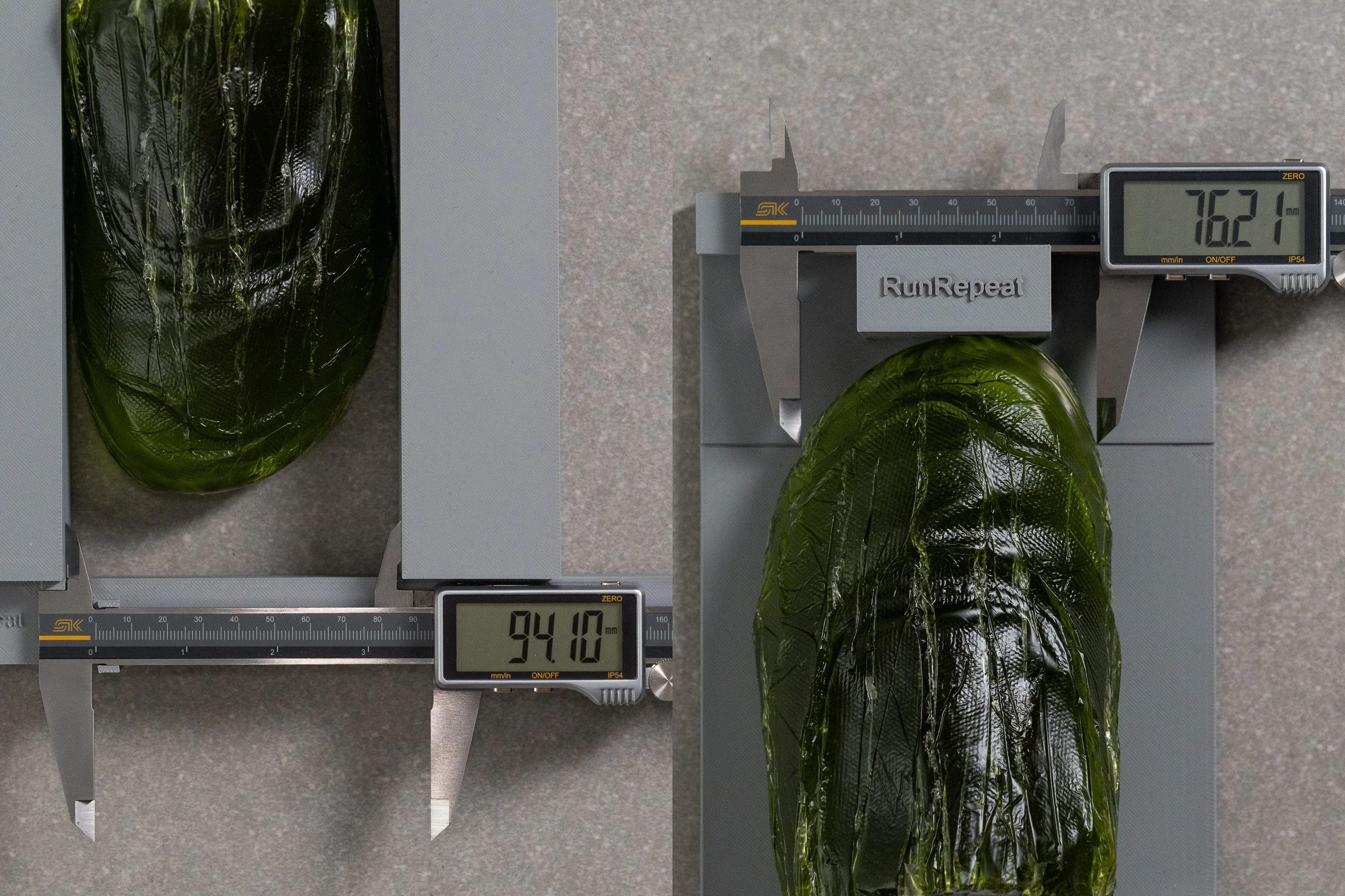 A technician using calipers to measure the internal width and volume of a barefoot shoe in a lab setting.