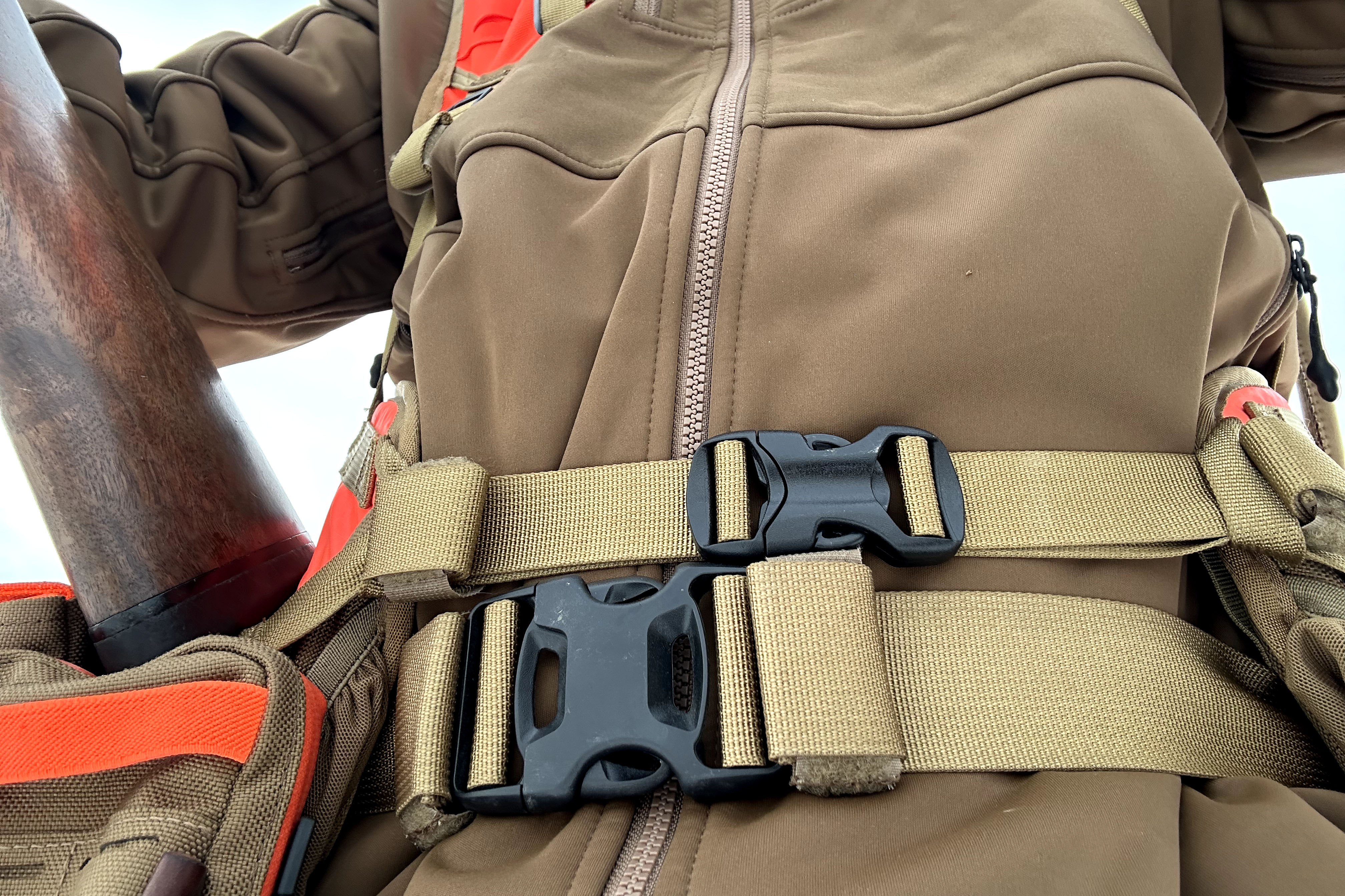 Close-up of the heavy-duty waist belt and buckle system.
