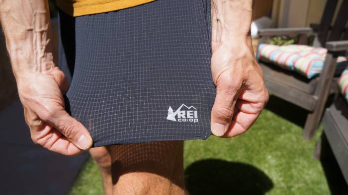 Extreme close-up of the lightweight stretchy fabric on REI Swiftland Shorts.