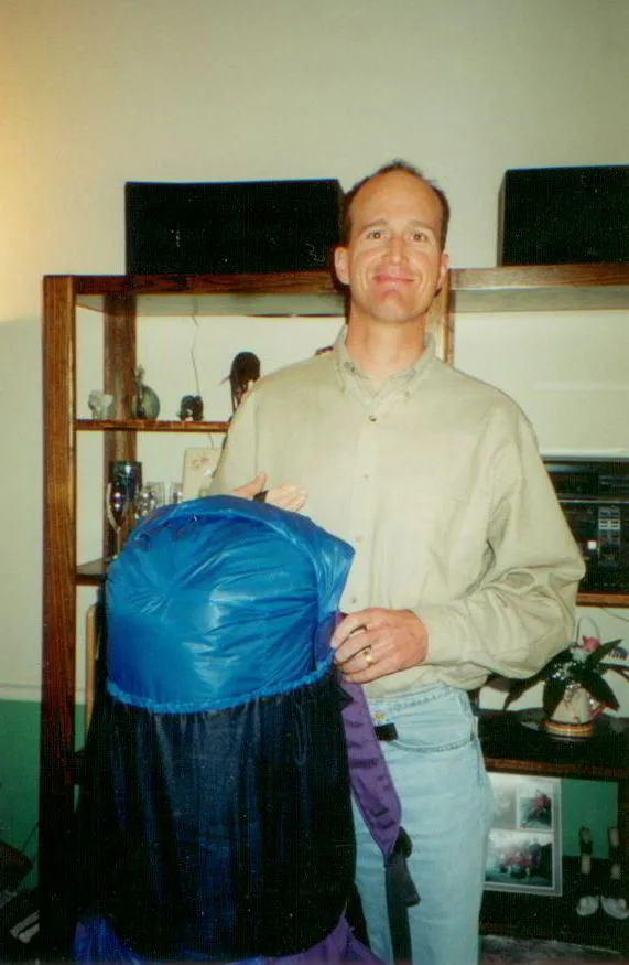 Founder Glen Van Peski holding a vintage G1 ultralight backpack.