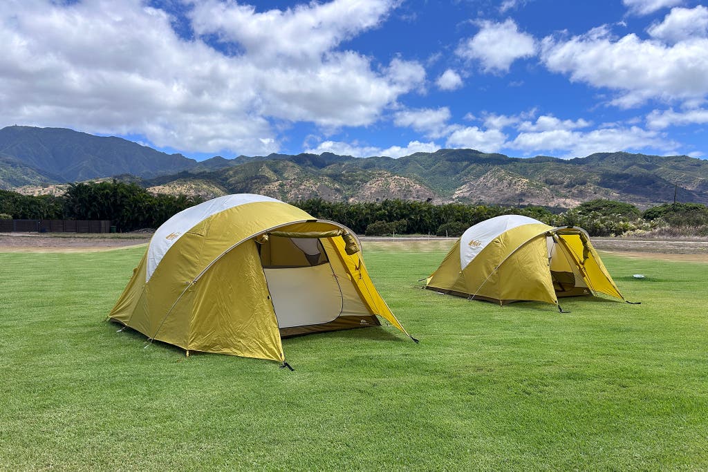 REI Co-op Base Camp 4 and Base Camp 6 tents standing next to each other on a flat green lawn.