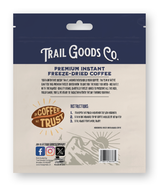 Close-up of Trail Goods Co. Premium Colombian freeze-dried coffee packaging designed for outdoor use.