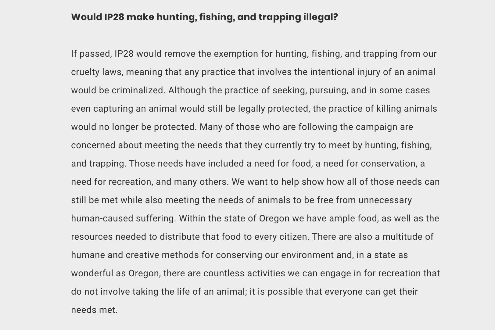 A text-based statement from the PEACE Act group regarding their stance on hunting and fishing exemptions.
