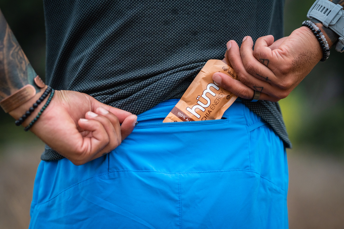 Detailed view of a zippered rear pocket on the waistband of Patagonia shorts.