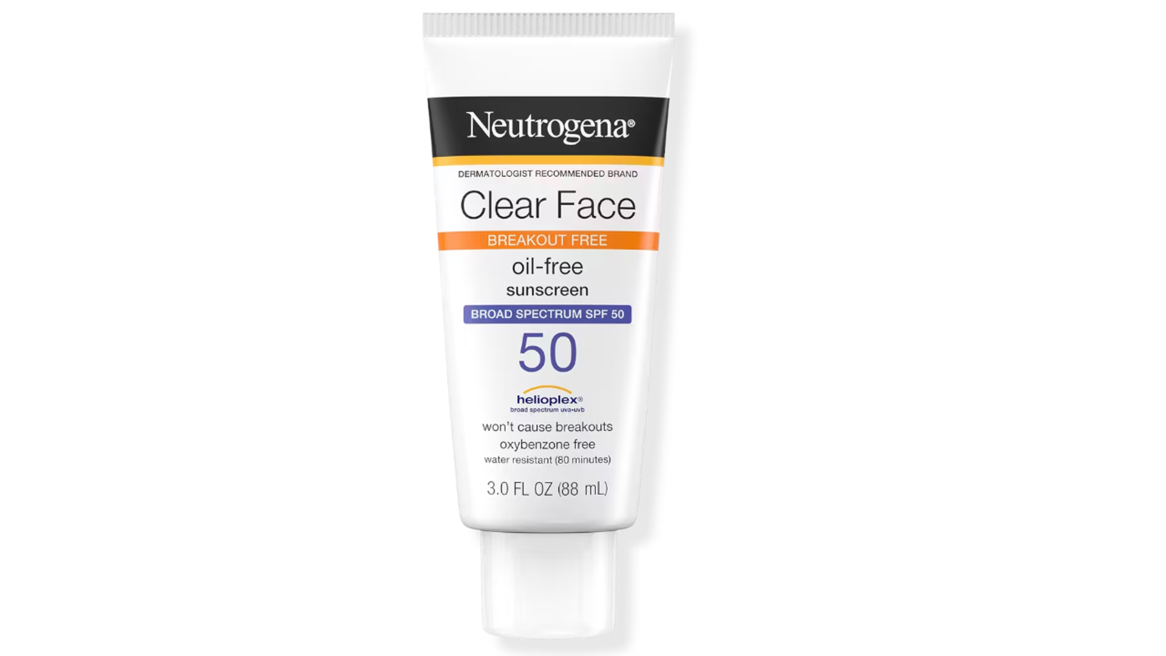 A tube of Neutrogena Clear Face Sunscreen Lotion for acne-prone skin.
