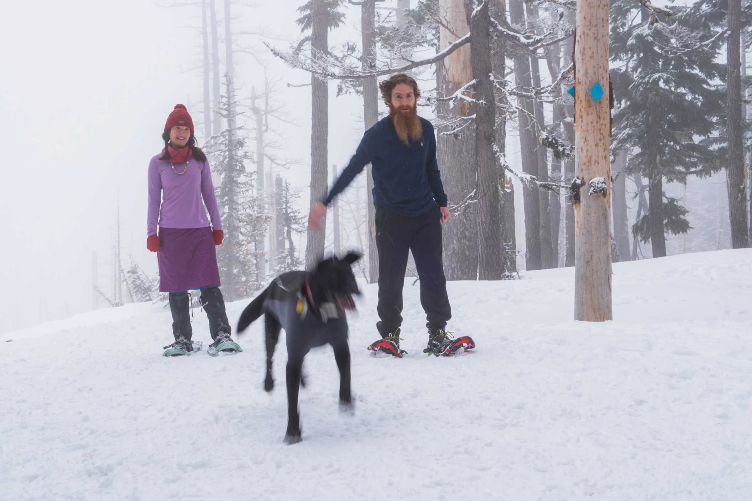 A woman snowshoeing through deep snow on a mountain trail wearing black base layers.