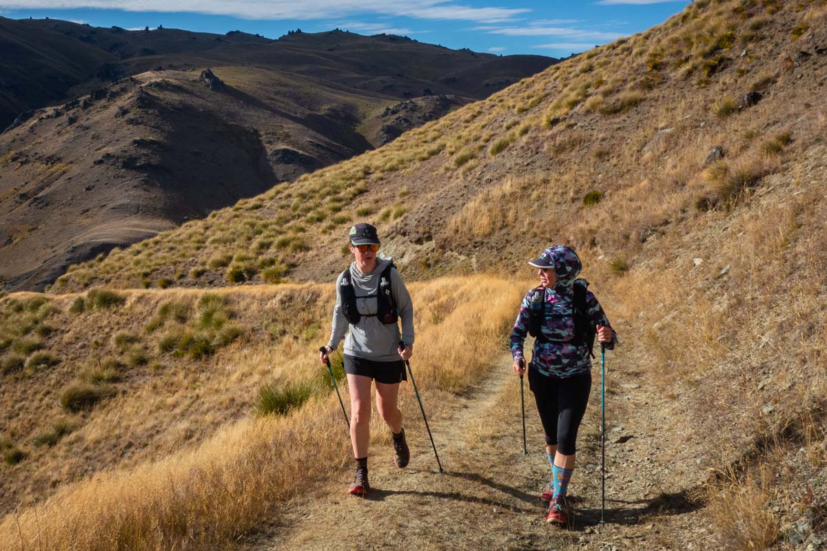 Running testers wearing performance socks during a fastpacking trip in New Zealand.