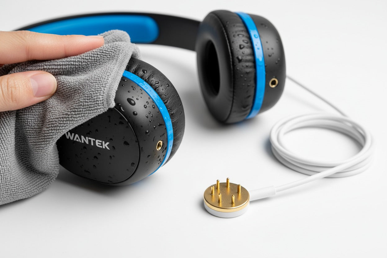 Waterproof swimming headphones placed on a dry surface next to a magnetic induction charging cable.