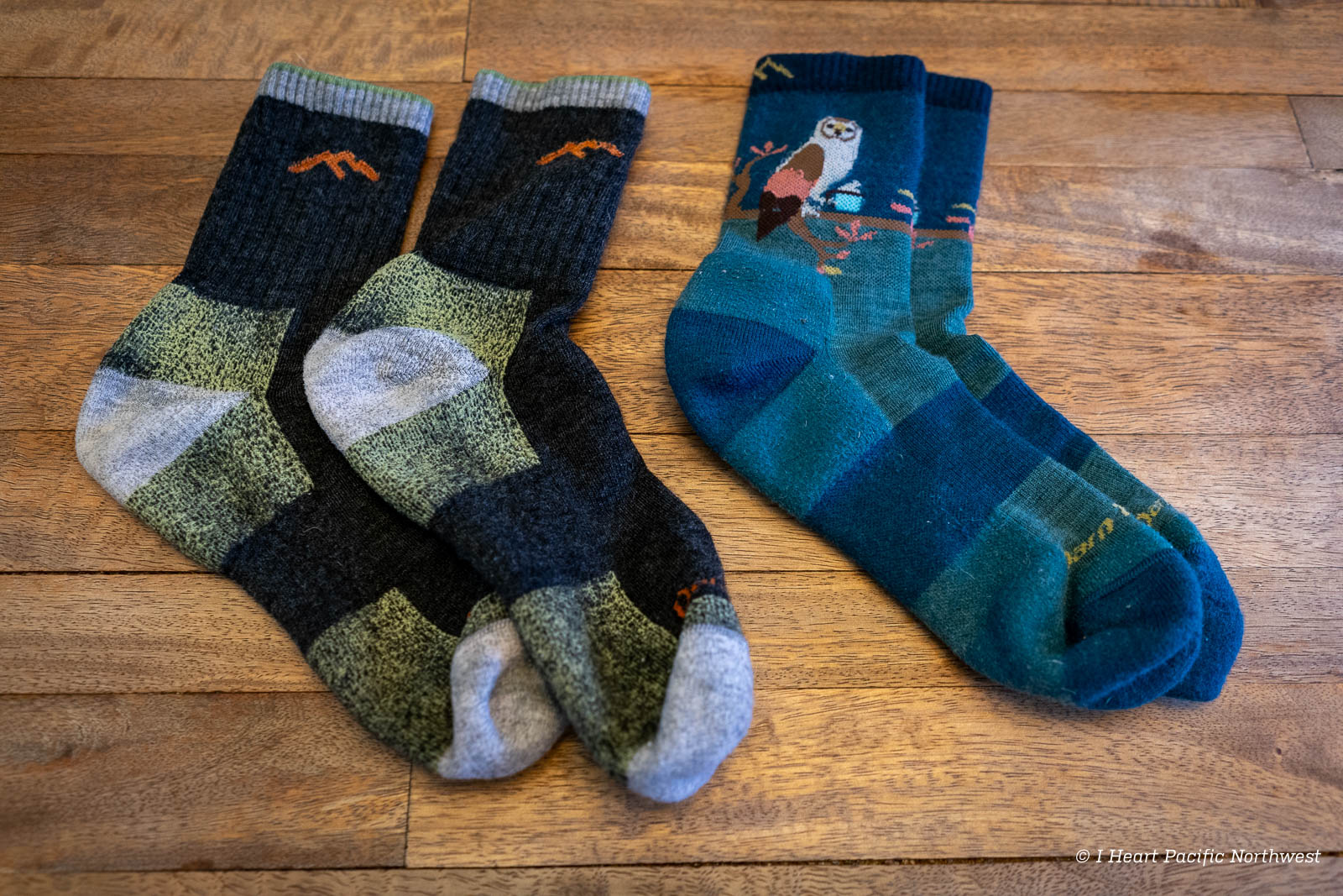 A pair of gray and blue Darn Tough Hiker Micro Crew socks
