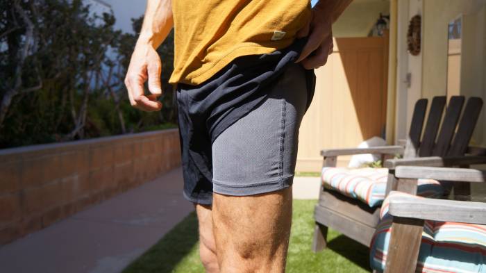 Close-up of a built-in compression liner inside a pair of running shorts.