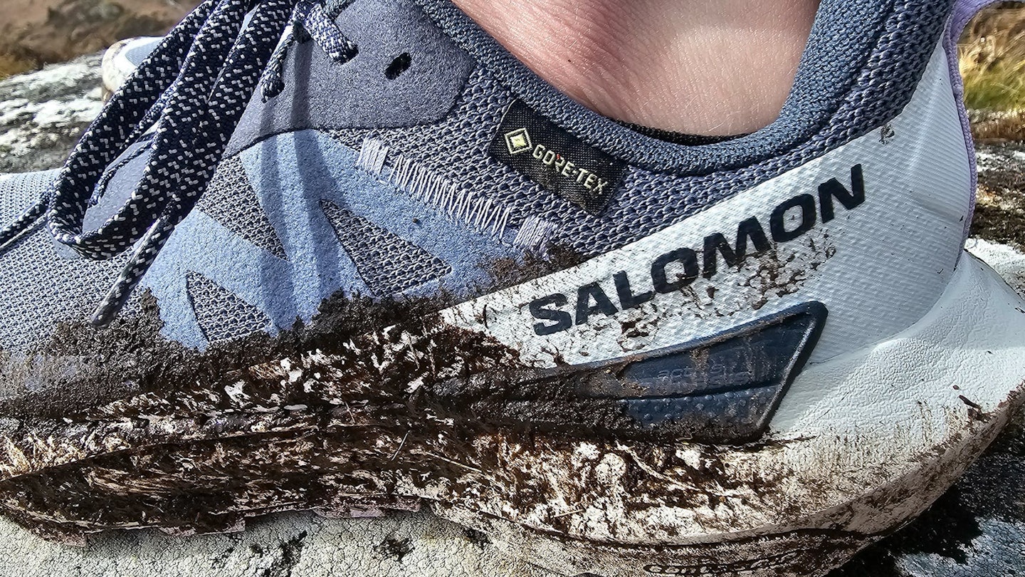 Close-up of the Gore-Tex label and midsole on a Salomon hiking boot