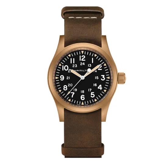 Hamilton Khaki Mechanical Bronze watch with an olive strap.