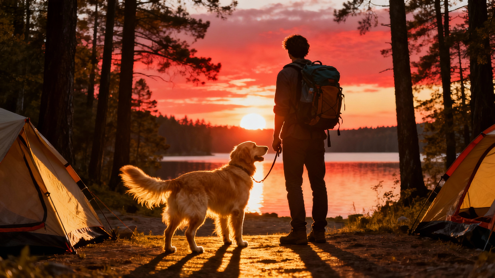 A dog sitting calmly at a campsite during a vibrant sunset.