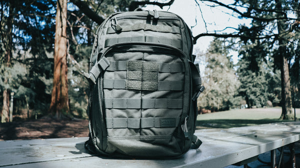 Front view of the 5.11 Tactical Rush12 Backpack 2.0 with modular attachments