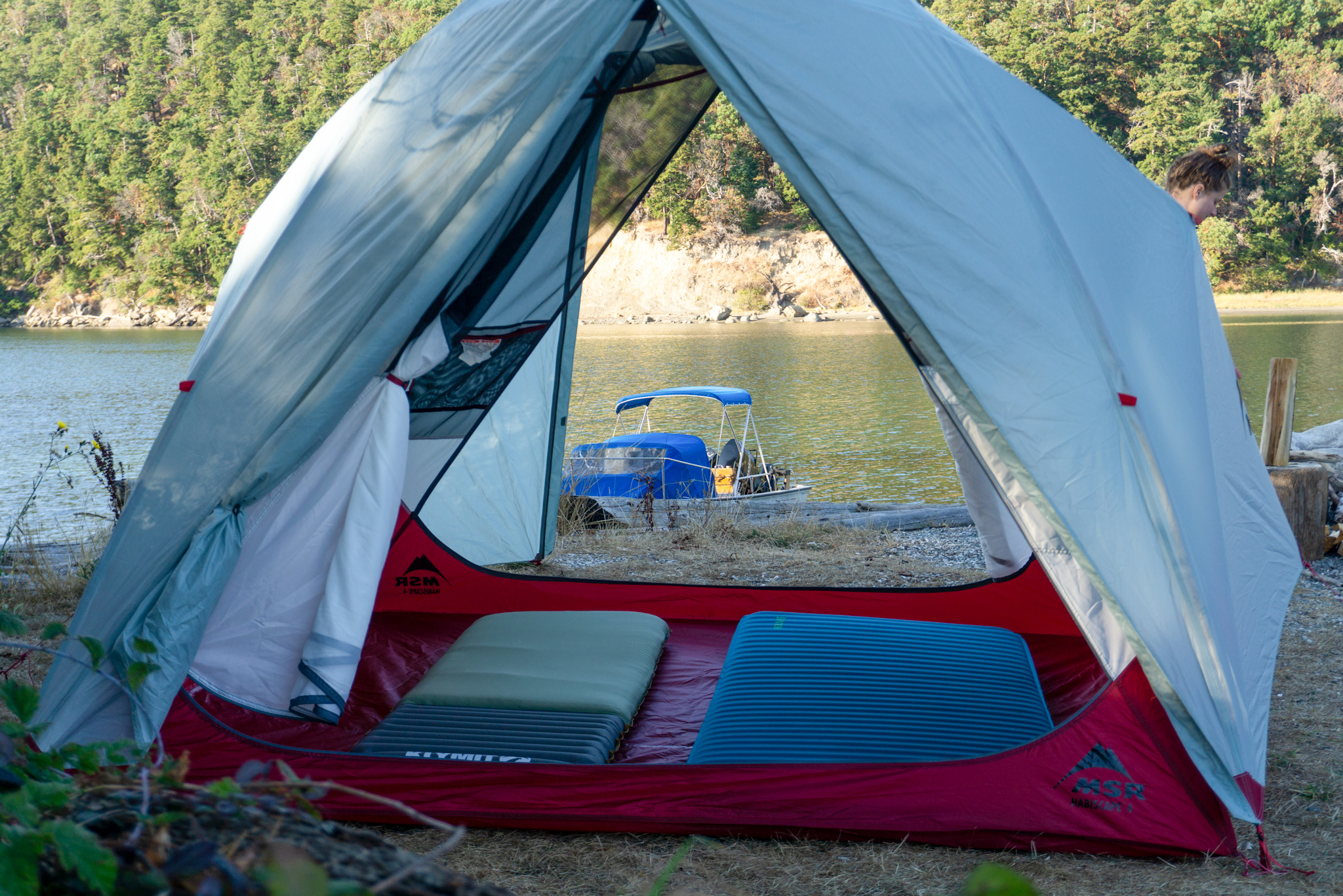 Therm-a-Rest MondoKing 3D pads arranged inside a spacious MSR Habiscape tent.