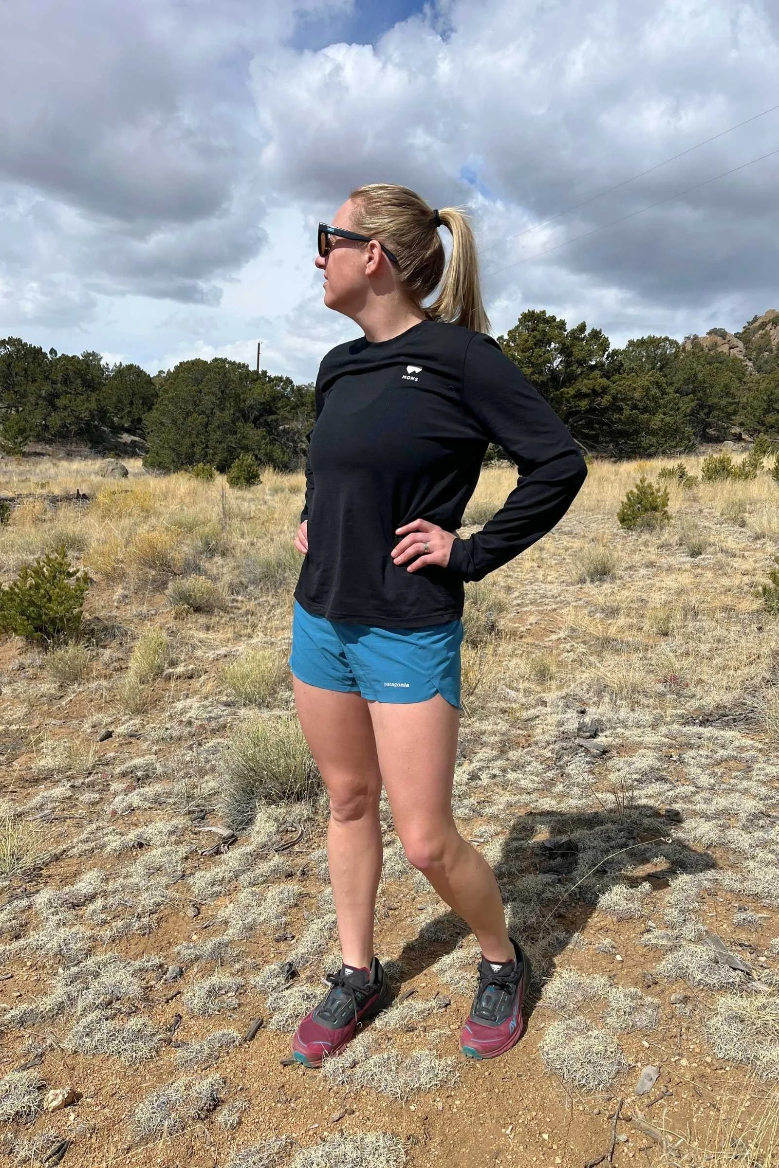 Detailed view of the Patagonia Strider Pro shorts on a runner showing the 3.5 inch inseam.