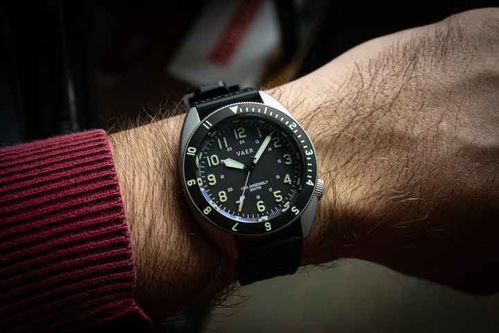 Vaer Tactical Field watch on a rugged green NATO strap.