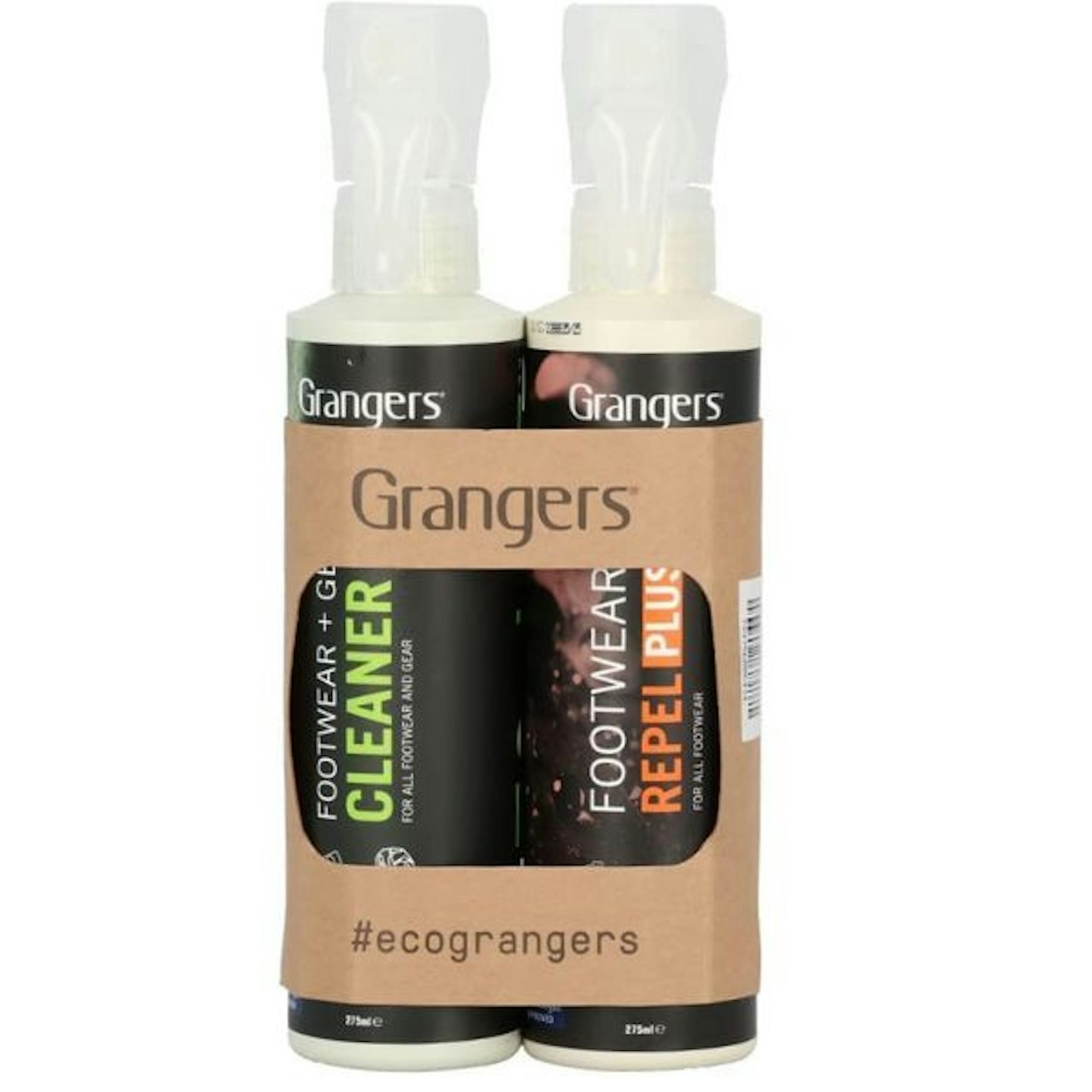 Two bottles of Grangers footwear cleaner and reproofer spray